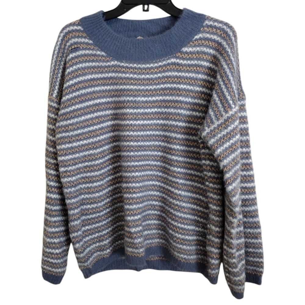 Raga grey blue striped sweater with metallic gold thread size medium